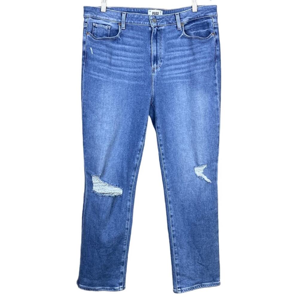 Paige Cindy Ripped Straight Leg Jeans In Speak Easy Destructed Blue SZ 34
